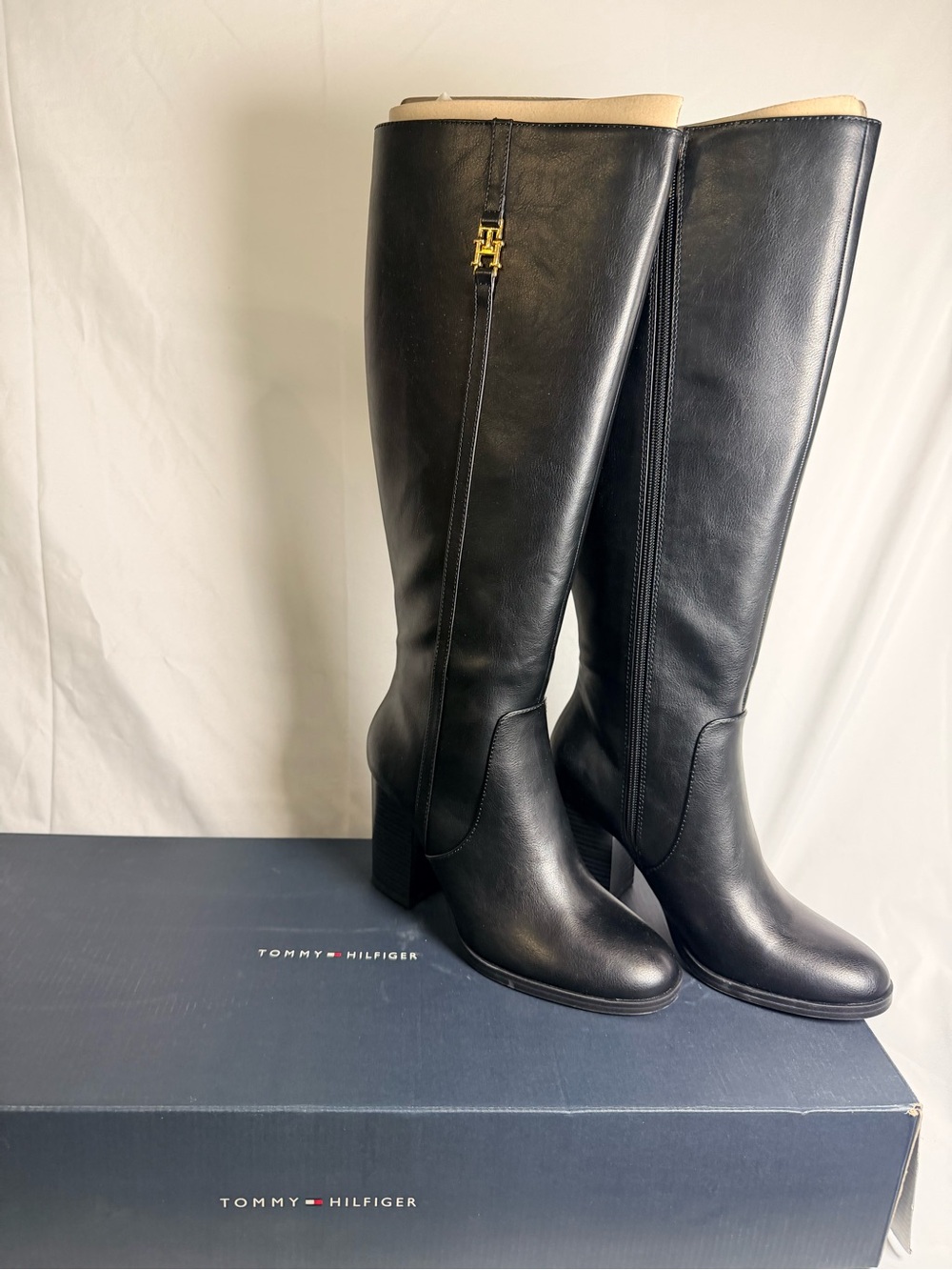 Tommy Hilfiger Black Leather Over-the-Knee Riding Boots with Gold Logo